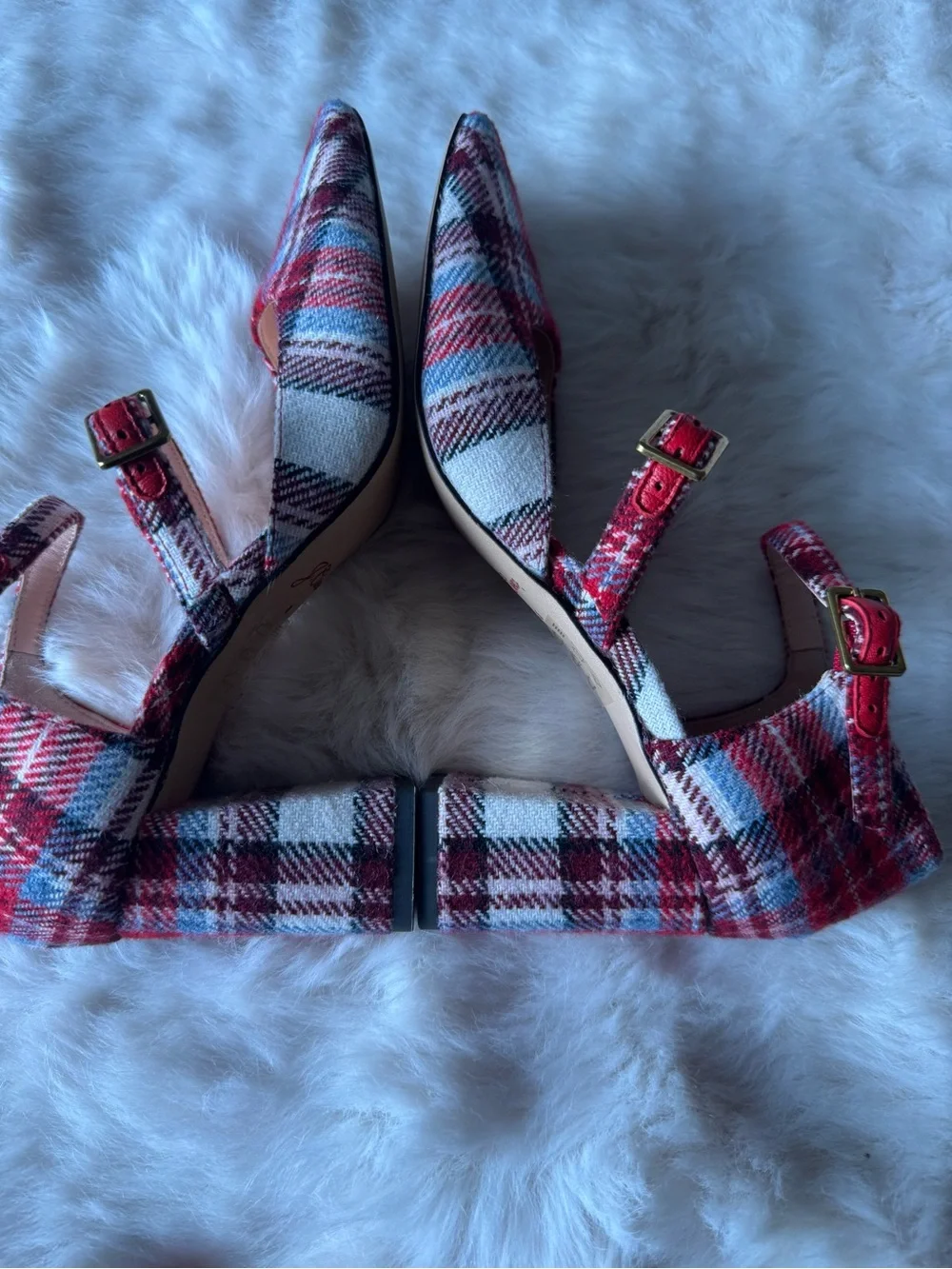 J. Crew Red Plaid Triple-Strap Pointed Pumps
